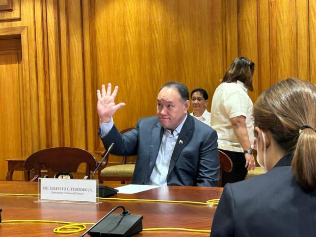 Defense Secretary Gilbert Teodoro talks in a press briefing in Malacañang on Monday, October 23, 2023. (Photo from INQUIRER.net / Jean Mangaluz)