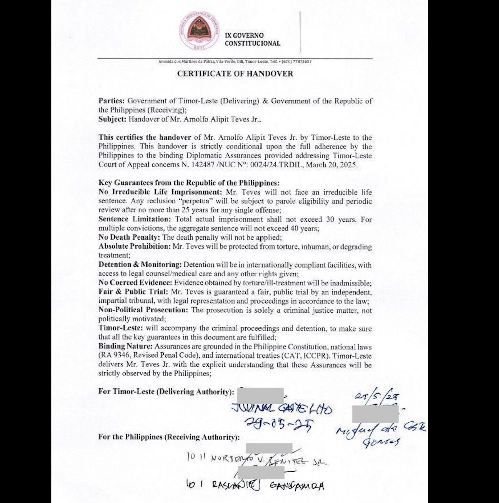 The document shows the conditions set by authorities in Timor-Leste before deporting expelled lawmaker Arnolfo Teves Jr. (Contributed photo)